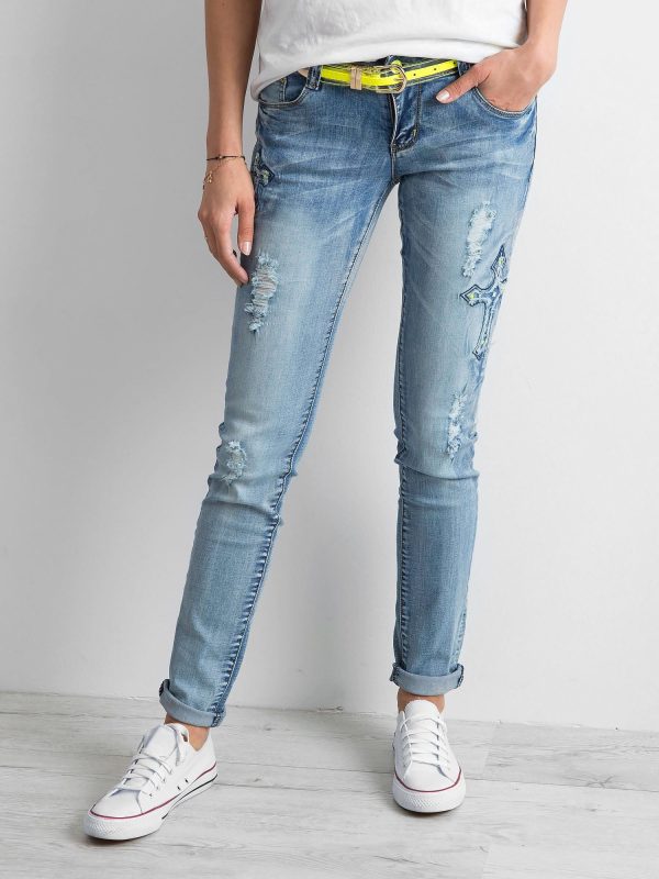 Wholesale Light blue jeans with appliques