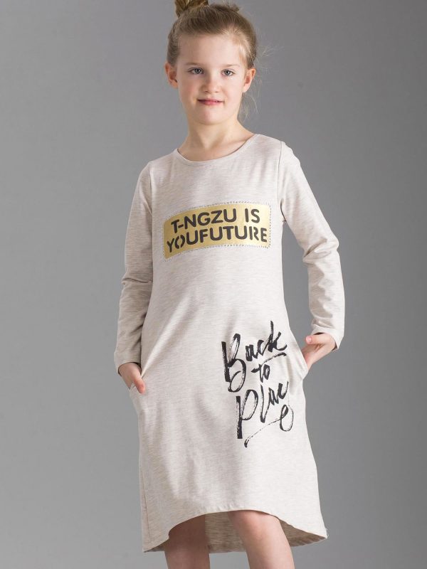 Wholesale Beige children's dress with inscriptions