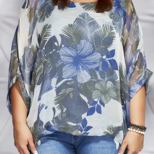 Wholesale Women's blouse with exotic print dark blue PLUS SIZE