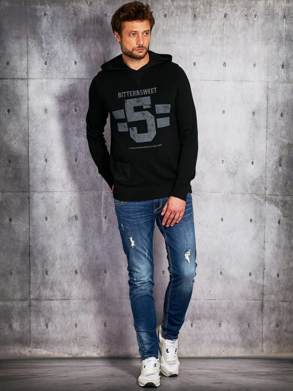 Wholesale Black men's sweater with hood and lettering