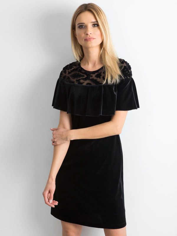 Wholesale Black velour dress with flounce