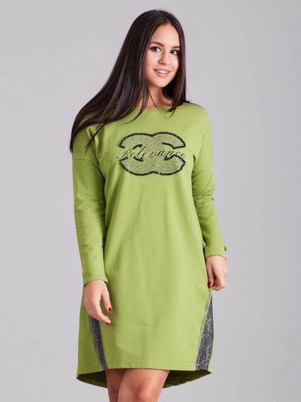 Wholesale Green sweatshirt dress with rhinestones