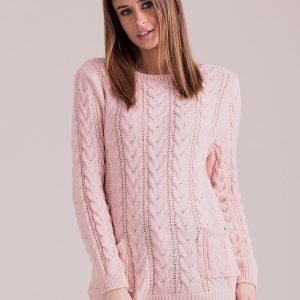 Wholesale Light pink sweater with braids with pockets