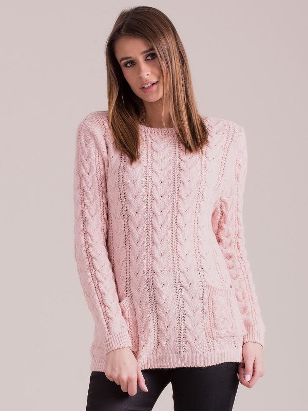 Wholesale Light pink sweater with braids with pockets