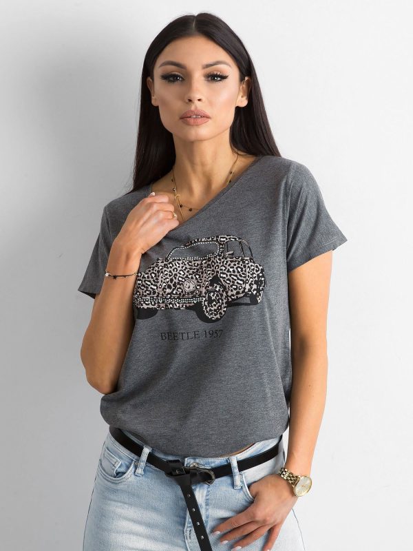 Wholesale Dark Grey Printed Ladies T-Shirt