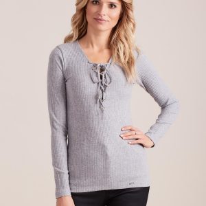 Wholesale Grey fitted stripe blouse with lacing