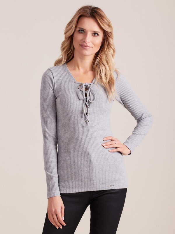 Wholesale Grey fitted stripe blouse with lacing