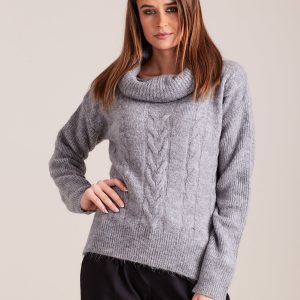 Wholesale Grey women's turtleneck sweater in braid