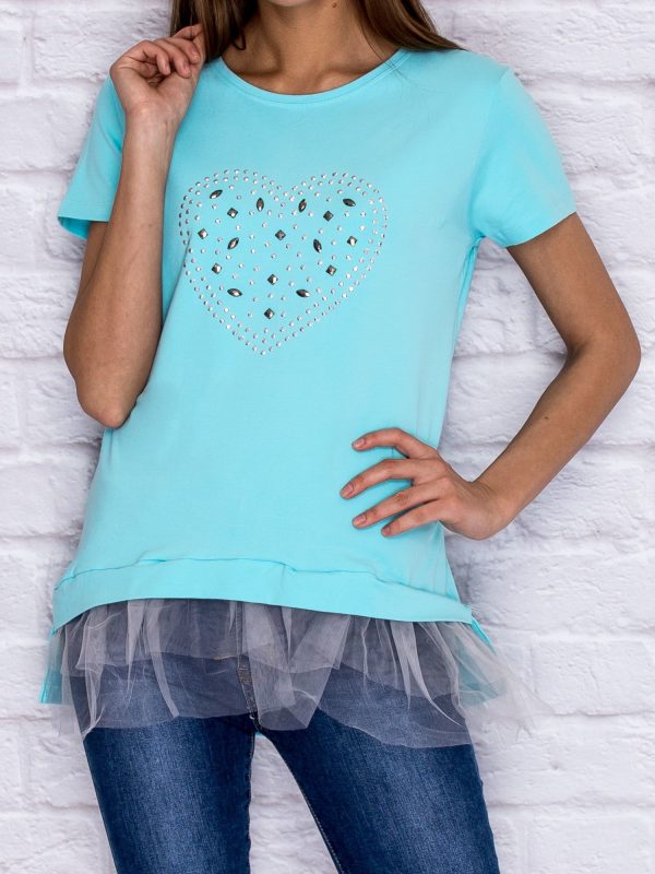 Wholesale Light turquoise t-shirt with glossy applique and tulle insert