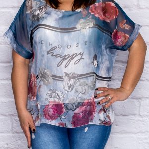 Wholesale Shirt blouse with the inscription CHOOSE HAPPY dark blue PLUS SIZE