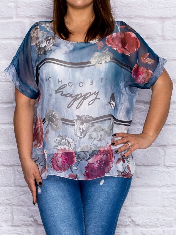 Wholesale Shirt blouse with the inscription CHOOSE HAPPY dark blue PLUS SIZE