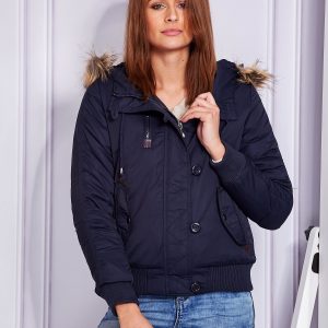 Wholesale Women's jacket with detachable fur at the collar navy blue