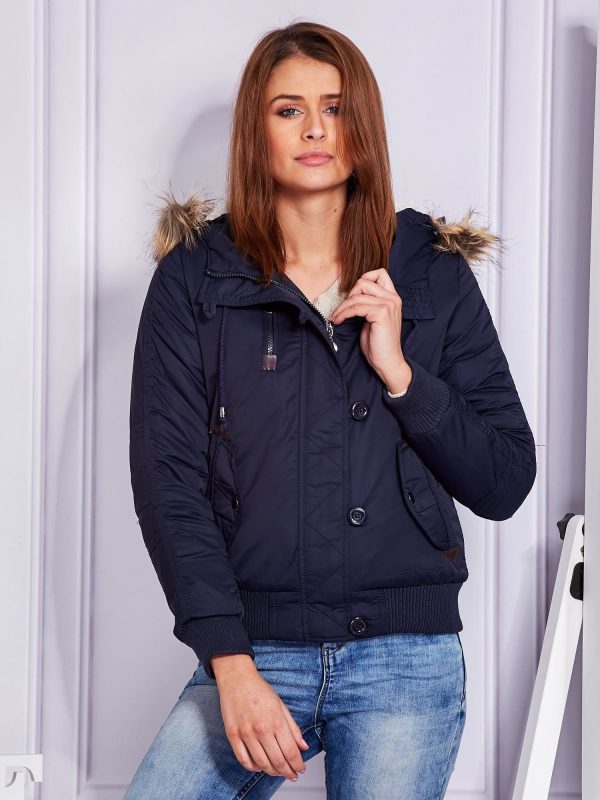 Wholesale Women's jacket with detachable fur at the collar navy blue