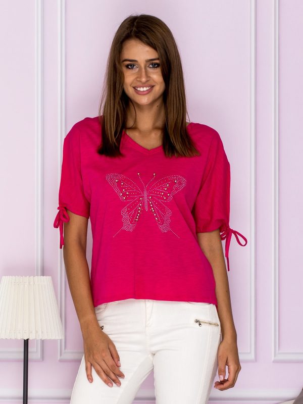 Wholesale Short blouse with butterfly applique pink