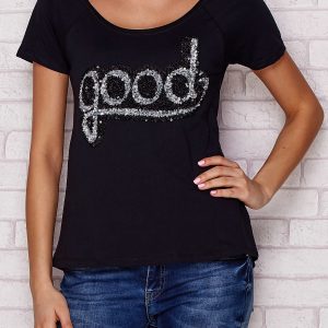 Wholesale T-shirt with sequin inscription GOOD black