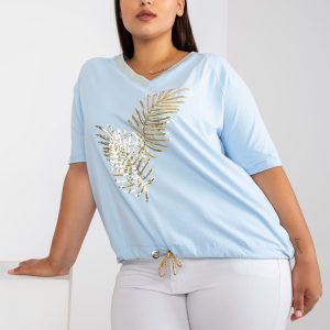 Wholesale Light Blue Plus Size Cotton Blouse With Ribbed