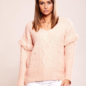 Wholesale Pink sweater with braids with fringes