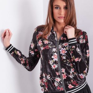 Wholesale Black velour bomber sweatshirt with flowers