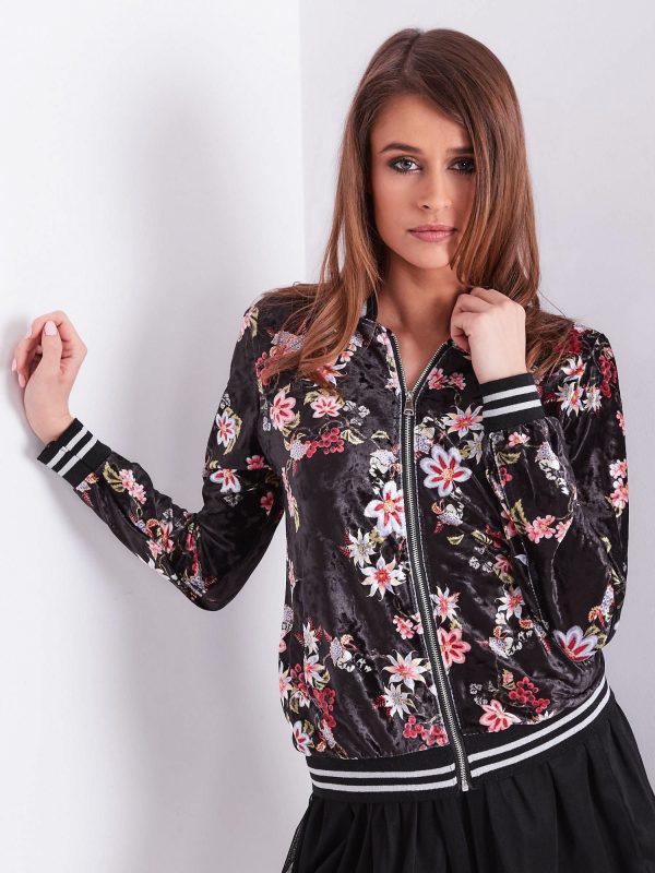 Wholesale Black velour bomber sweatshirt with flowers