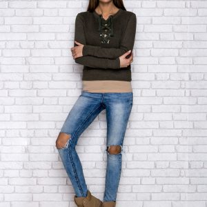 Wholesale Green sweatshirt with lace up neckline