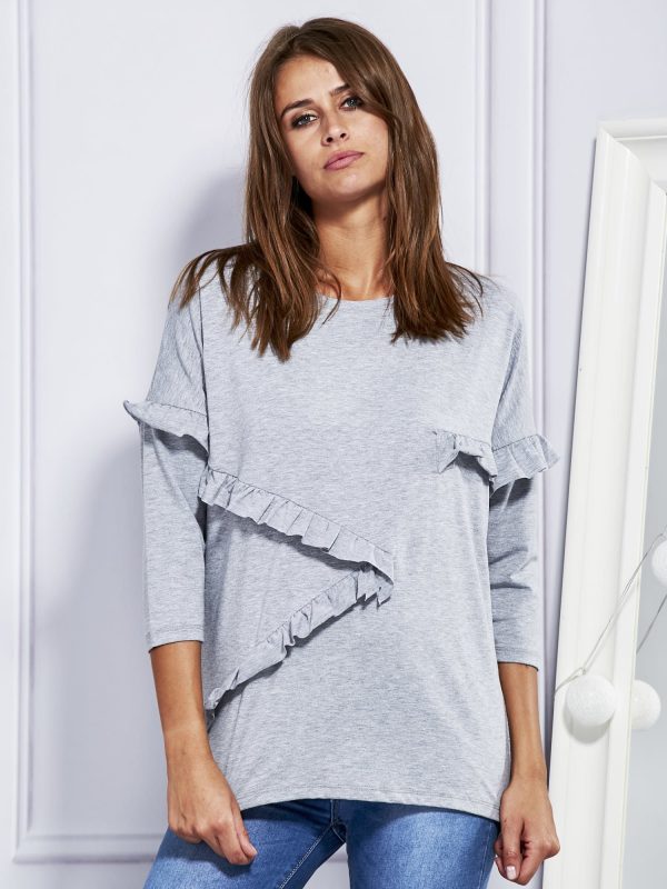 Wholesale Gray blouse with asymmetrical flounces