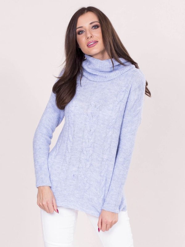 Wholesale Turtleneck sweater with braids blue