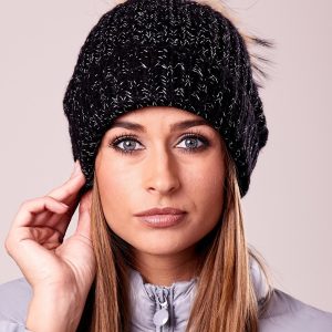 Wholesale Black hat with pompom and shiny thread