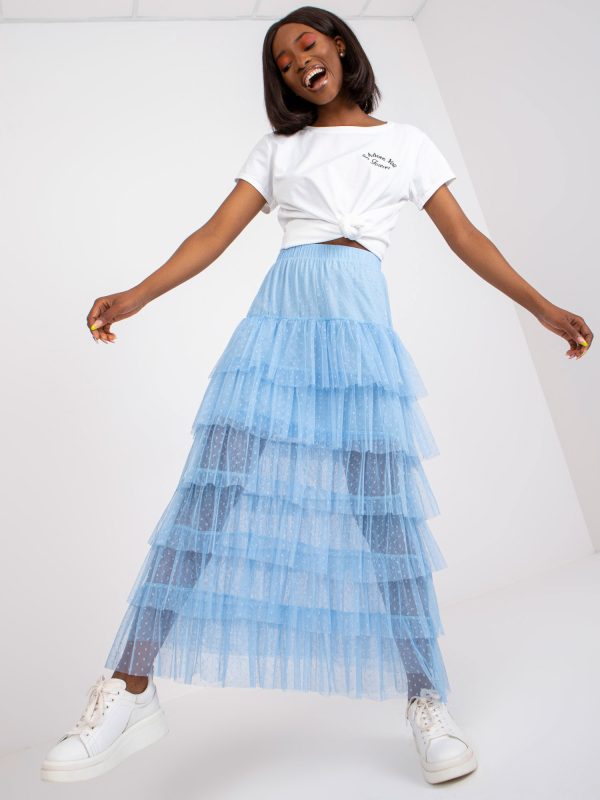 Wholesale Blue Tulle Flared Maxi Skirt