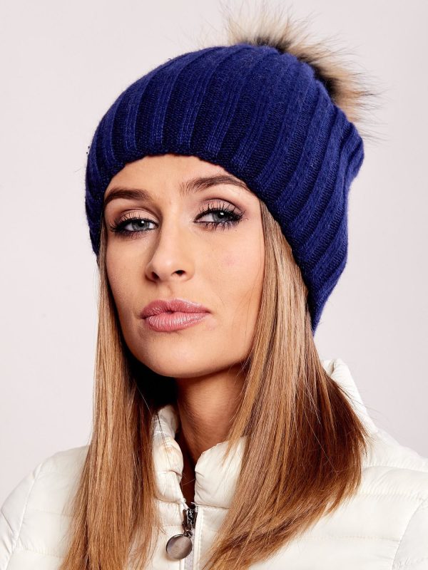 Wholesale Navy blue ribbed hat with fur pompom