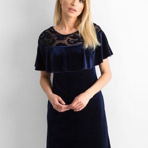 Wholesale Navy blue velour dress with ruffle