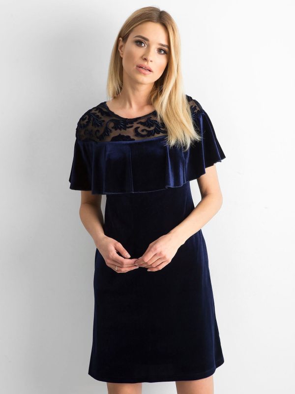 Wholesale Navy blue velour dress with ruffle