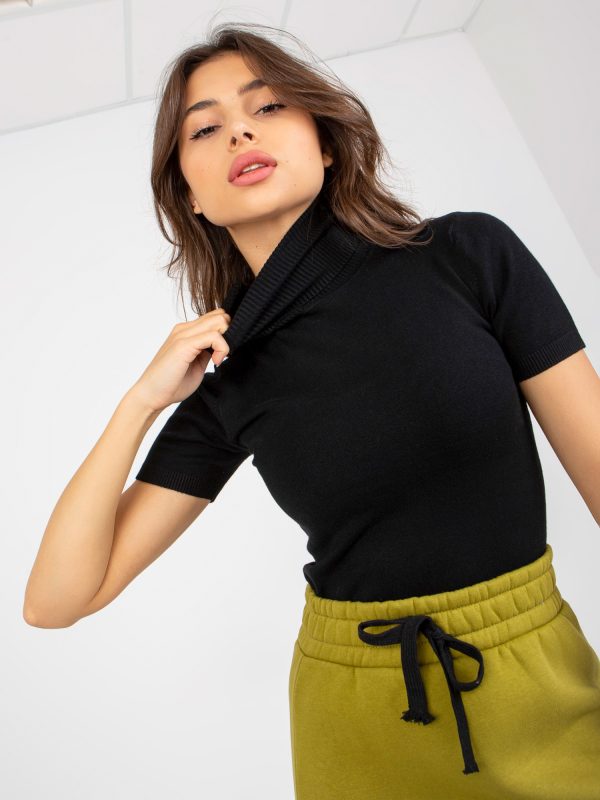 Wholesale Black Fitted Turtleneck Sweater with Short Sleeve