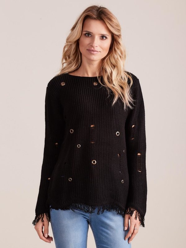 Wholesale Black sweater with tassels and eyelets