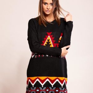 Wholesale Black knitted dress with ethnic patterns