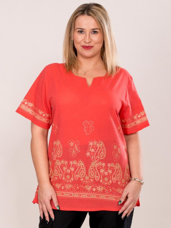 Wholesale Oversized shirt blouse with paisley motif coral PLUS SIZE