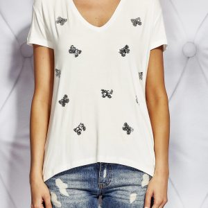 Wholesale Women's T-shirt with sequin butterflies ecru