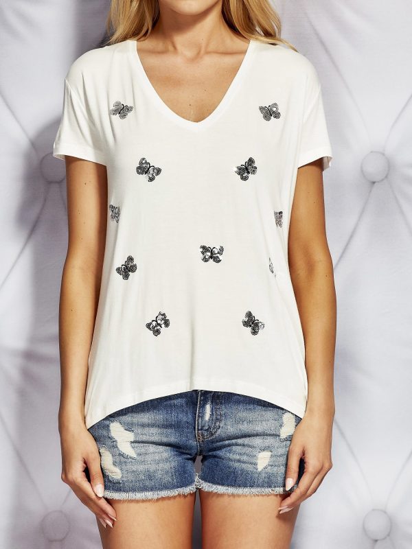 Wholesale Women's T-shirt with sequin butterflies ecru