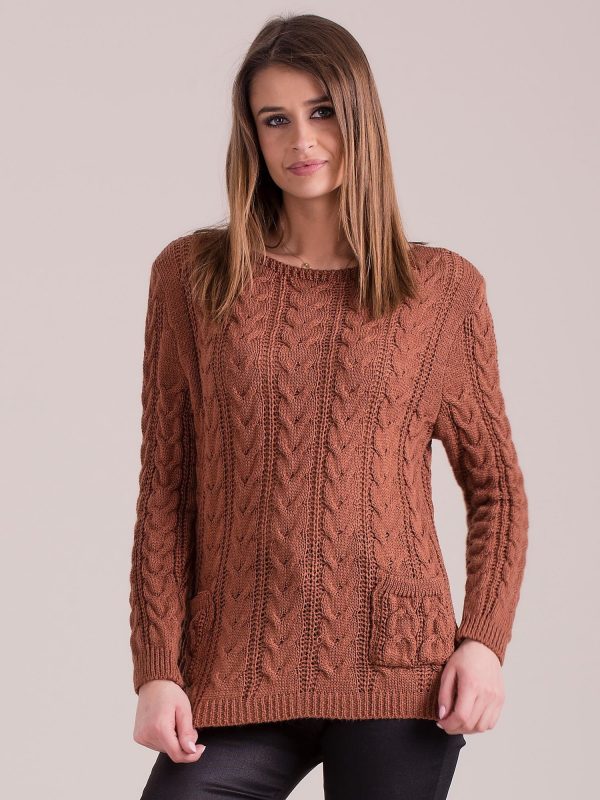 Wholesale Brown sweater with braids with pockets