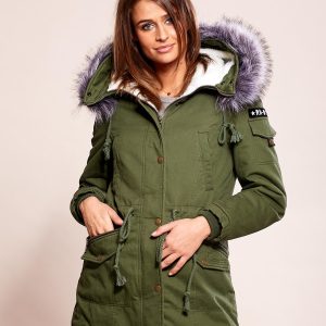 Wholesale Khaki padded parka jacket with fur