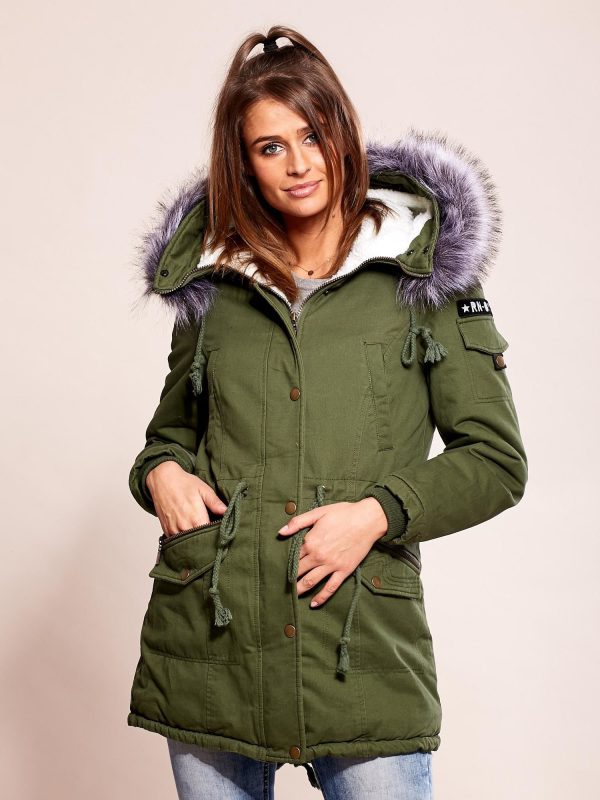 Wholesale Khaki padded parka jacket with fur