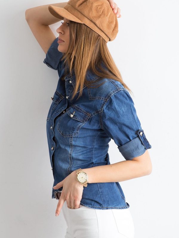 Wholesale Blue denim shirt with roll-up sleeves