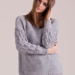 Wholesale Gray sweater with braided sleeves