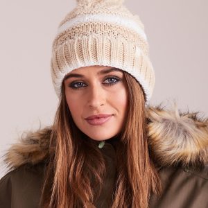 Wholesale 4F Beige and White Winter Hat with Tassel