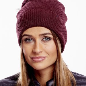 Wholesale Burgundy hat with wide rib and fur pom