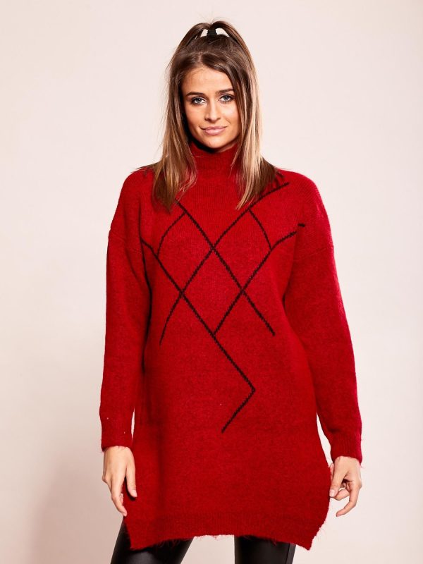 Wholesale Long Red Patterned Sweater