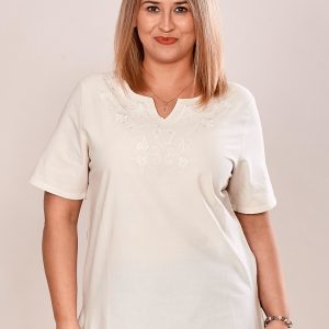 Wholesale Shirt blouse with embroidered pattern beige PLUS SIZE