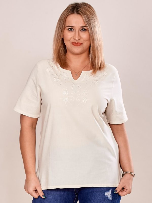 Wholesale Shirt blouse with embroidered pattern beige PLUS SIZE