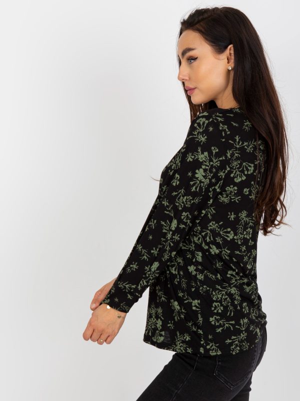 Wholesale Black-khaki blouse with print and long sleeves RUE PARIS