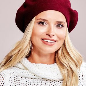 Wholesale Burgundy beret with fur pompom