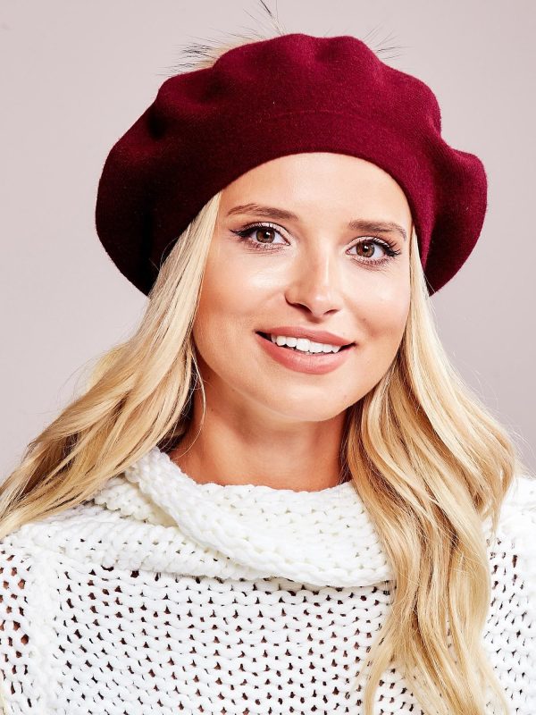 Wholesale Burgundy beret with fur pompom